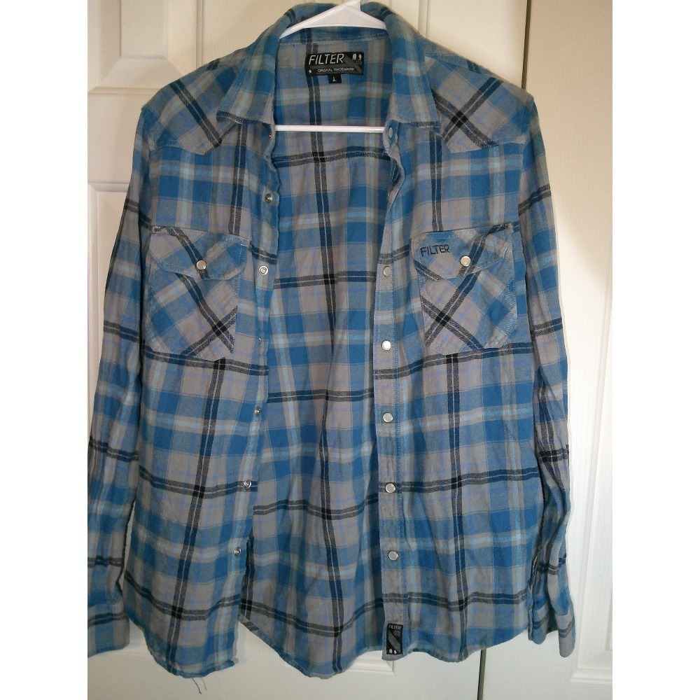 Filter Plaid Flannel Western Shirt Long Sleeve Button Up Blue Gray L